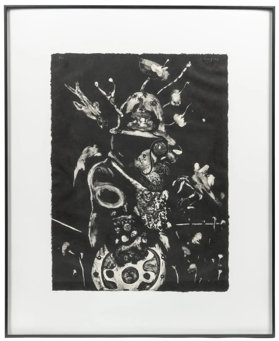 This is a 1968 lithograph from the Tamarind Institute, University of New Mexico. Printed by Robert Rogers, it is black ink on white Nacre paper. The image is of a man holding a shield and possibly wearing a pith helmet. The figure is surrounded by what appear to be flowers or mushrooms.