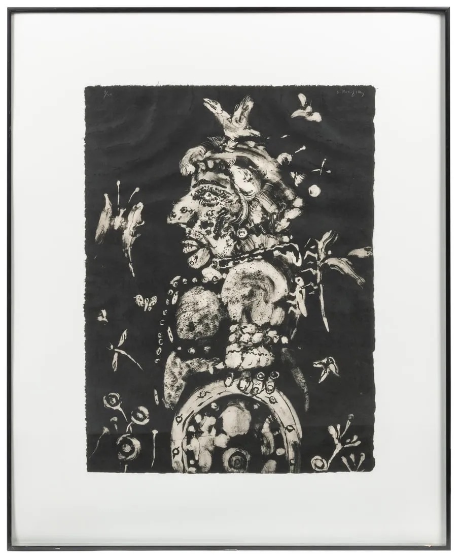 This is a 1968 lithograph from the Tamarind Institute, University of New Mexico. Printed by Daniel Socha, it is black ink on white Nacre paper. The image is of a woman (?) holding a shield and possibly wearing a chain necklace. The figure is surrounded by insects like butterflies, dragonflies, grasshoppers, etc.