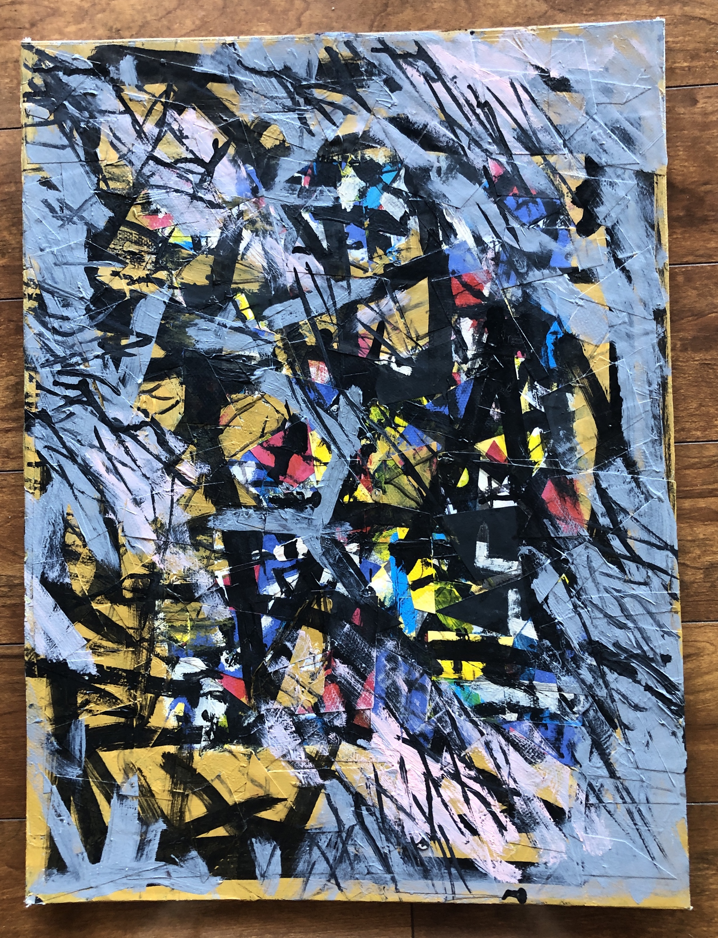 Ronald Ahlström's Untitled (Pollock), Undated, takes a page from Pollock's work. The full coverage, multiple layers, and general feel hearken back to Jackson Pollock's drip paintings, though in this case it's brushstrokes and collage pieces that are more rectilinear than the drips.