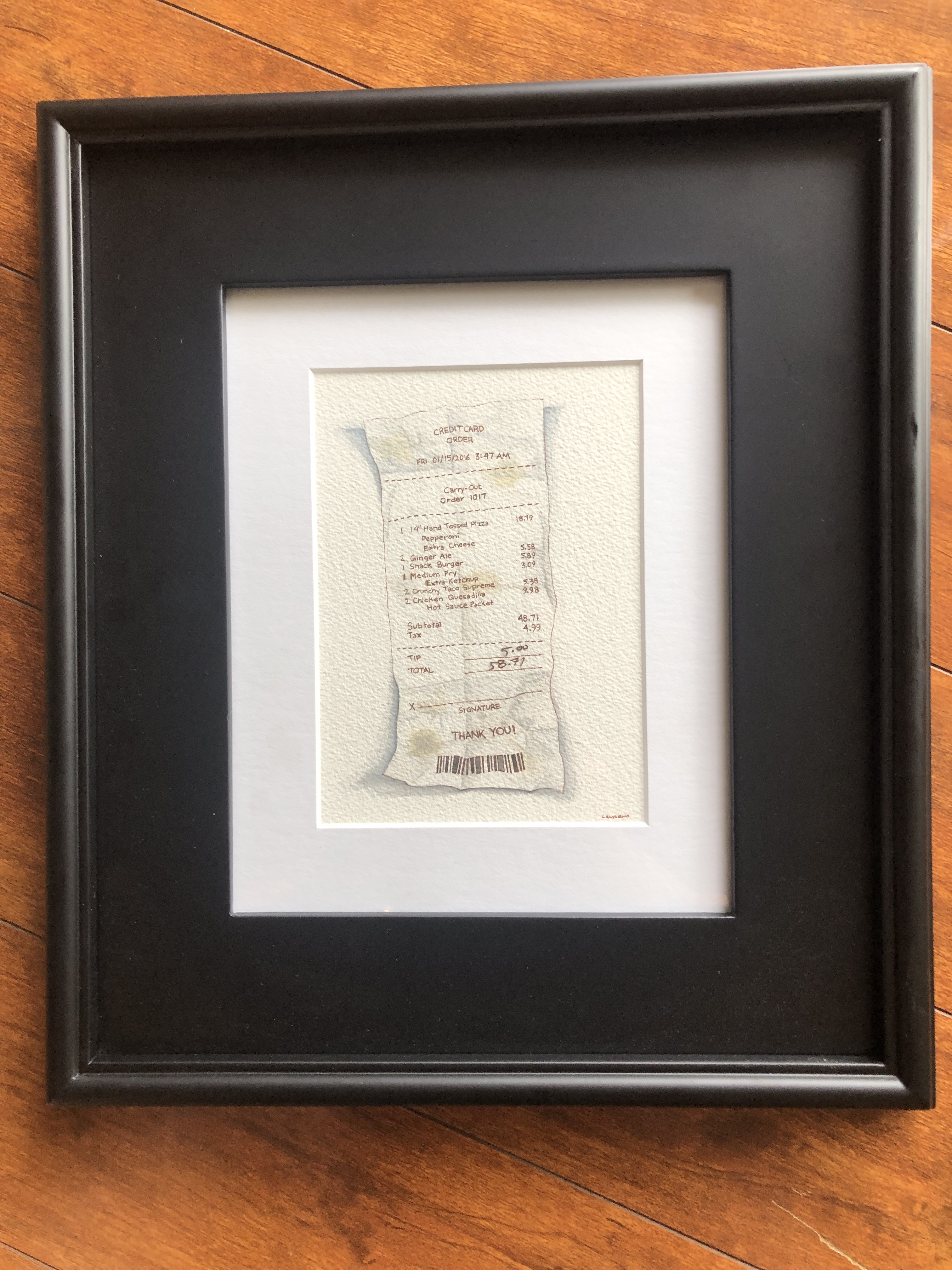 Maria Laureno's To-Go Order is a 2023 watercolor, depicting a receipt. Initially appearing to be a simple black and white design, other subtle hues are visible when the image is studied more closely.