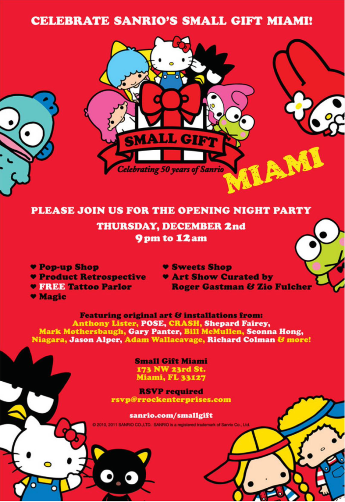 Invitation to opening of Sanrio's Small Gift Miami exhibition in 2010, showing cartoony Sanrio characters on bright red background along with artist list